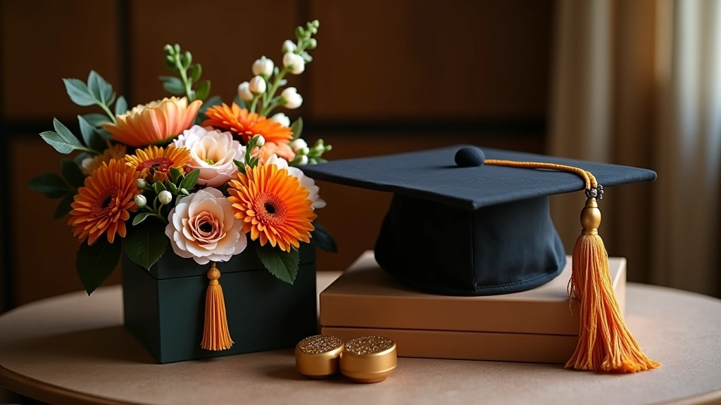 Complete graduation gift set with cap, tassel, flowers, and keepsake box displayed together