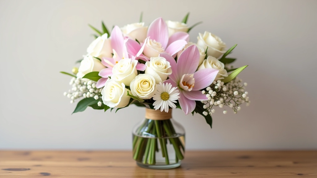 Display of various white and cream-colored graduation flowers: roses, orchids, lilies, and baby's breath
